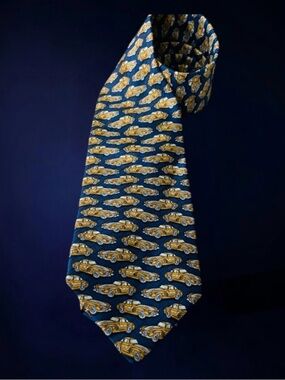 Rare!  VTG ESCADA SILK TIE MERCEDES GULLWING CAR MOTIF BLUE GOLD